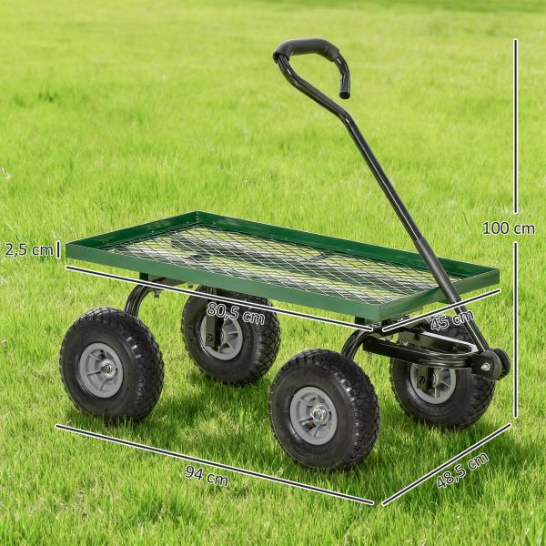 Carro de Transporte com Pega Revestida e 4 Rodas Grandes de Ø24 cm Carrinho de Jardim em Aço 94x48,5x100 cm Preto e Verde