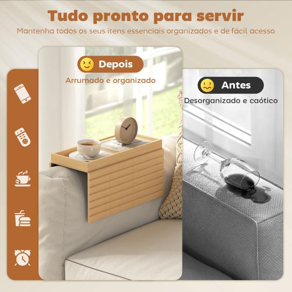 Bandeja de Braço para Sofá em Bambu Dobrável e Flexível com Base Antiderrapante 45x33,5x3 cm Madeira