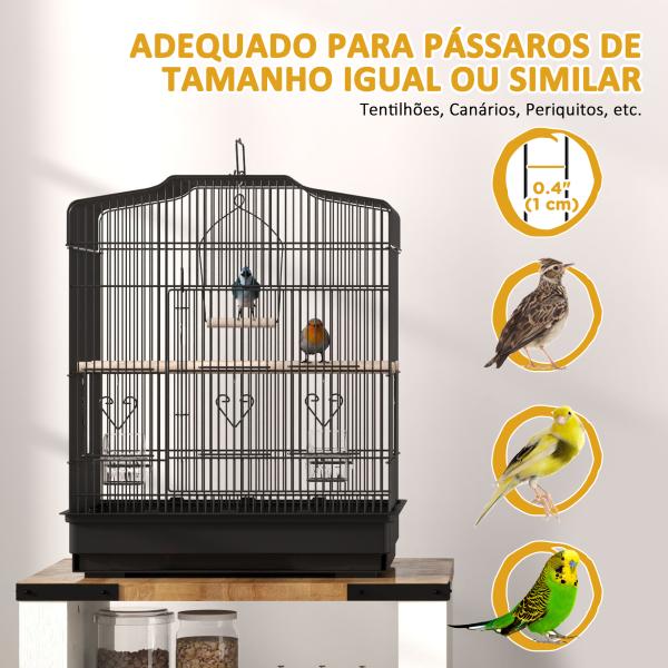 Gaiola para Pássaros 46,5x36x59 cm Gaiola de Metal para Pássaros com 2 Comedouros 2 Poleiros Baloiço Bandeja Amovível Preto