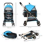 Carrinho para Animais de Estimação 3 em 1 Dobrável com Bolsa de Transporte Cesta de Armazenamento e Travão 82x49,5x98cm Azul