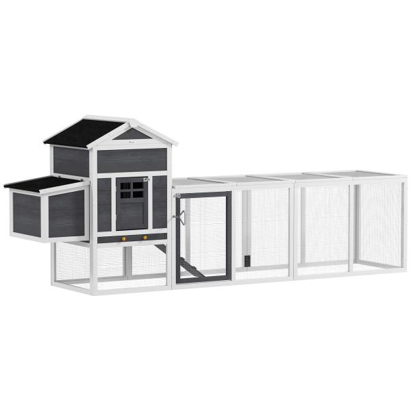 Galinheiro de Madeira 297,5x68x118cm para 3 - 6 Galinhas com Teto Asfáltico Porta com Trava e Caixa Ninho Branco e Cinza