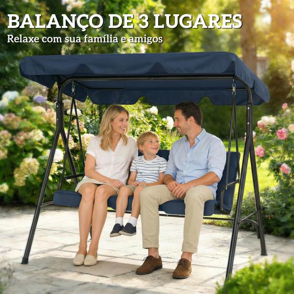 Baloiço de Jardim Exterior de 3 Lugares com Toldo Ajustável e Estrutura de Aço 172x118x153 cm Azul - Marinho