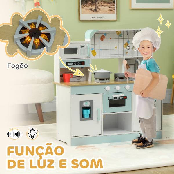Cozinha de Madeira para Crianças com Sons Lavatório Micro - Ondas Máquina de Gelo e Acessórios 88,6x31,7x90,4 cm Branco