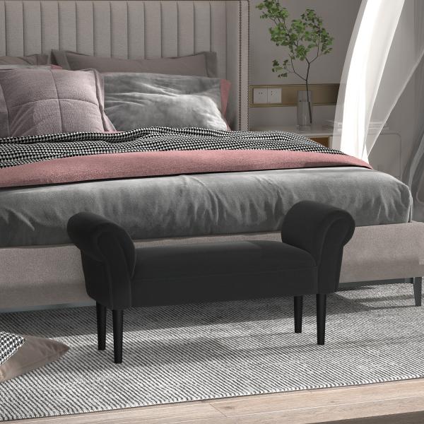 Banco de Pé de Cama Banco com Braços Curvados Estofado e Pés de Madeira Carga Máxima 130kg 102x31x51cm Preto