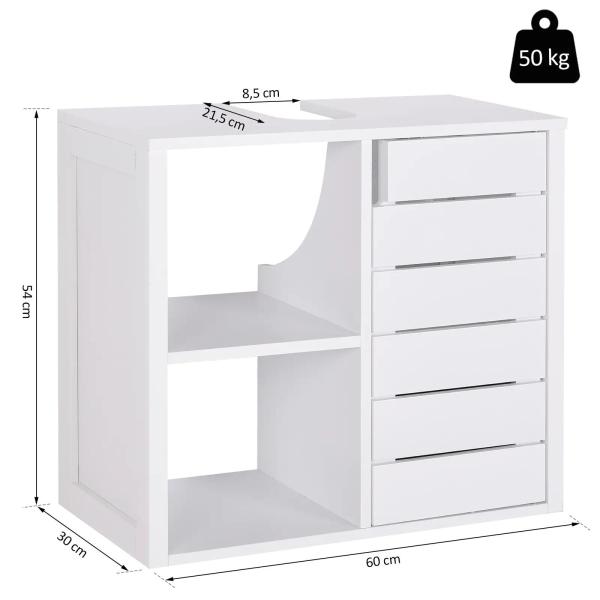 Móvel para Lavatório Pousar Suspenso com 2 Prateleiras Abertas e Armário com Prateleira Ajustável 60x30x54 cm Branco