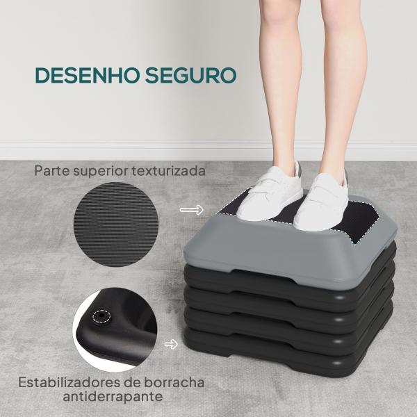 Step para Fitness Stepper Antiderrapante com Altura Ajustável de 10/15/20/25/30 cm Suporta até 150 kg Cinzento