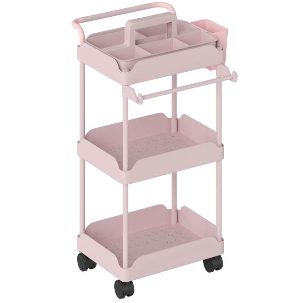 Carrinho Auxiliar com Rodas de 3 Níveis com Cestos Extraíveis Suporte para Toalhas e Estrutura de Metal 42x42,5x76 cm Rosa