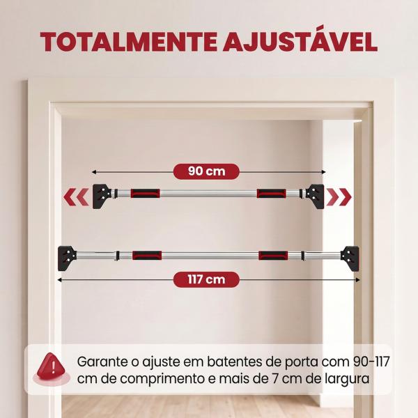 Barra de Elevação para Porta Ajustável de 95 cm a 123 cm Carga 200 kg para Exercícios e Treino Vermelho e Preto