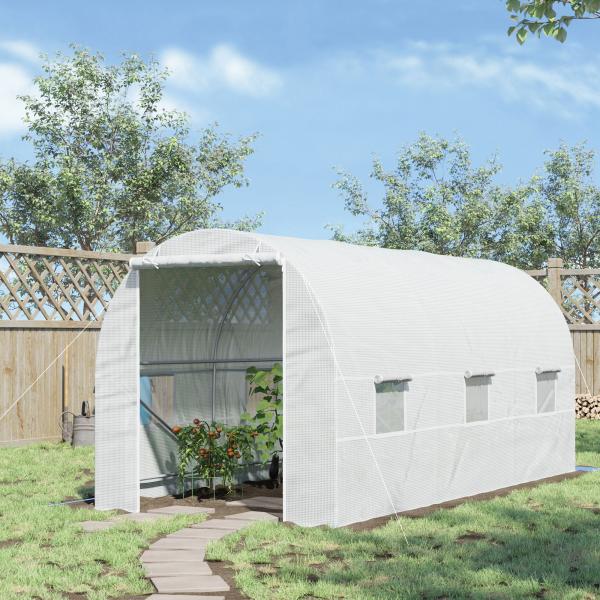 Estufa tipo Túnel 445x200x200 cm com Porta Enrolável e 6 Janelas Cobertura de PE 140 g/m² Anti - UV Branco
