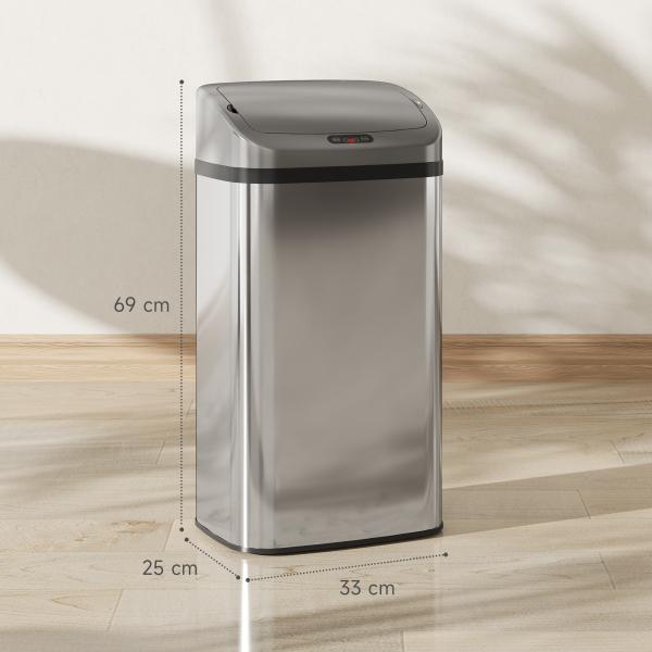 Balde de Lixo Automático para Cozinha 48 L Sensor Infravermelho Fechamento Automático Antimarcas Aço Inoxidável 33x25x69 cm Prata