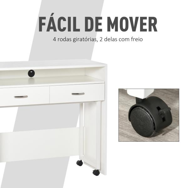 Conjunto de 2 mesas secretária para escritório com rodas 2 gavetas 100x36x88 cm Branco