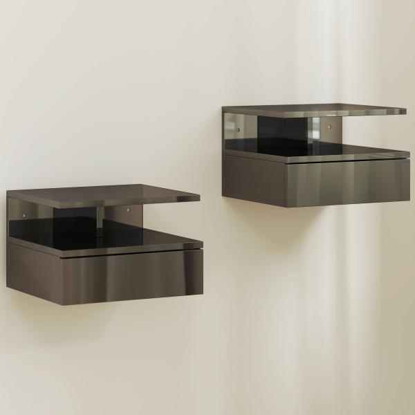 Conjunto de 2 Mesas de Cabeceira Flutuantes com Gaveta e Prateleira Aberta para Sala de Estar, 35x32x22,5 cm Preto Brilhante