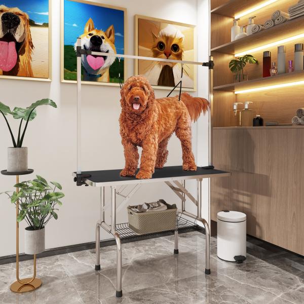 Mesa de Tosquia para Cães Dobrável com Prateleira de Armazenamento e Altura Ajustável 20 - 80 cm 107x60x170 cm Preto