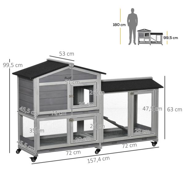 Casota para Coelhos Exterior 157,4x53x99,5 cm Gaiola Grande com Rodas, Telhado Asfáltico, Tabuleiros Removíveis e Rampa Cinzento