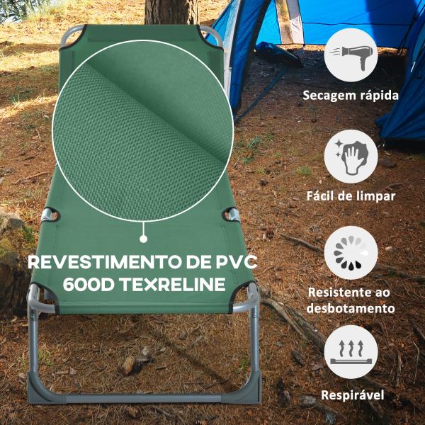 Espreguiçadeira Dobrável e Reclinável em 4 Posições com Estrutura Metálica e Tecido Oxford para Exterior 187x58x28 cm Verde