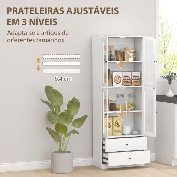 Armário de Cozinha Alto Móvel Auxiliar de Cozinha com 4 Portas de Vidro 2 Gavetas Prateleiras Ajustáveis 59x30x170 cm, Branco