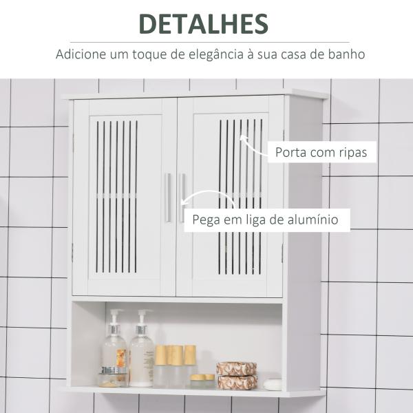 Armário de Parede Casa de Banho com Armazenamento 2 Portas em Ripas Prateleira Ajustável e Compartimento 60x20x70 cm Branco