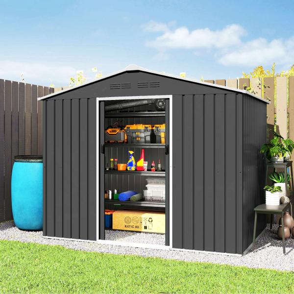 Abrigo de Jardim Exterior 3,6 m² 236x171x191 cm com Portas Deslizantes e Aberturas de Ventilação Cinzento Escuro