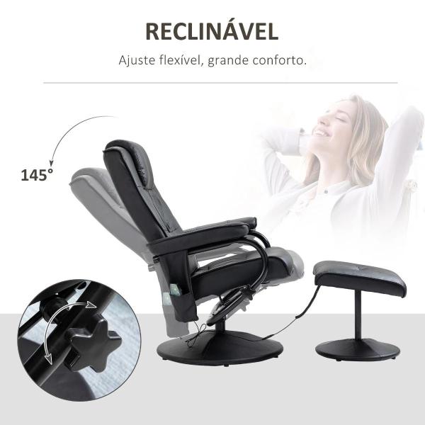 Poltrona de Massagem Elétrica com Banco para Apoiar os Pés Poltrona Relax Giratório Reclinável em até 145° com Controle Remoto e 10 Zonas de Massagem Estofado em PU 77x84x95cm Preto