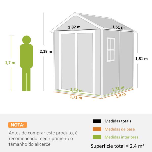 Abrigo de Jardim em Resina 182x151x219 cm com Piso Janela Ventilação Portas Duplas Cinzento