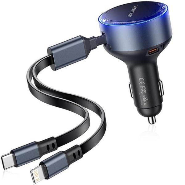 Vention FFOB0 — Carregador isqueiro 30W (1x USB - C, 1x integrado USB - C, 1x integrado Lightning)