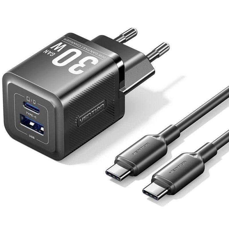 Vention TZ - FEQB0 - EU - 01 — Carregador 30W GaN (1x USB e 1x USB - C) + cabo 1m (preto)