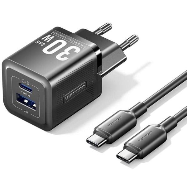 Vention TZ - FEQB0 - EU - 01 — Carregador 30W GaN (1x USB e 1x USB - C) + cabo 1m (preto)