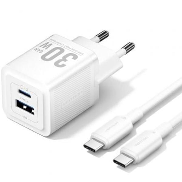 Vention TZ - FEQW0 - EU - 01 — Carregador 30W GaN (1x USB e 1x USB - C) + cabo 1m (branco)