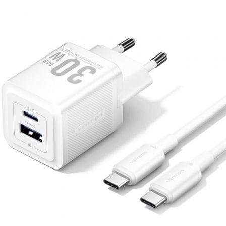 Vention TZ - FEQW0 - EU - 01 — Carregador 30W GaN (1x USB e 1x USB - C) + cabo 1m (branco)