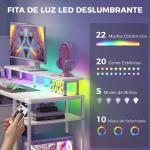 Secretária com Luzes LED, Gavetas, Tomadas, Portas USB e Suporte para Monitor, 155,5x48x88,5 cm, Branco