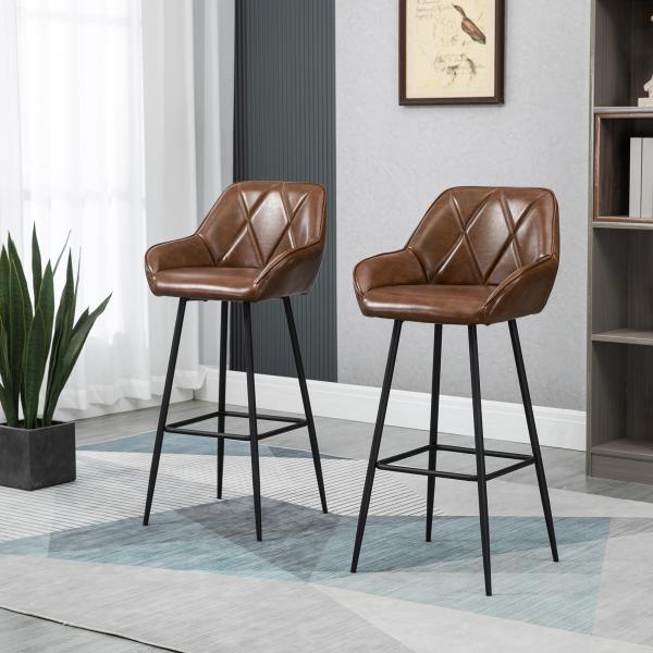 Conjunto de 2 Bancos Altos Estofados em PU com Encosto Alto Pés de Aço e Apoio para os Pés 50x47,5x102,5cm Marrom