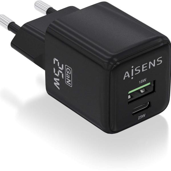 Carregador GaN 25W 1x USB - C PD3.0 QC4.0 1x USB - A QC3.0 (Preto) - AISENS