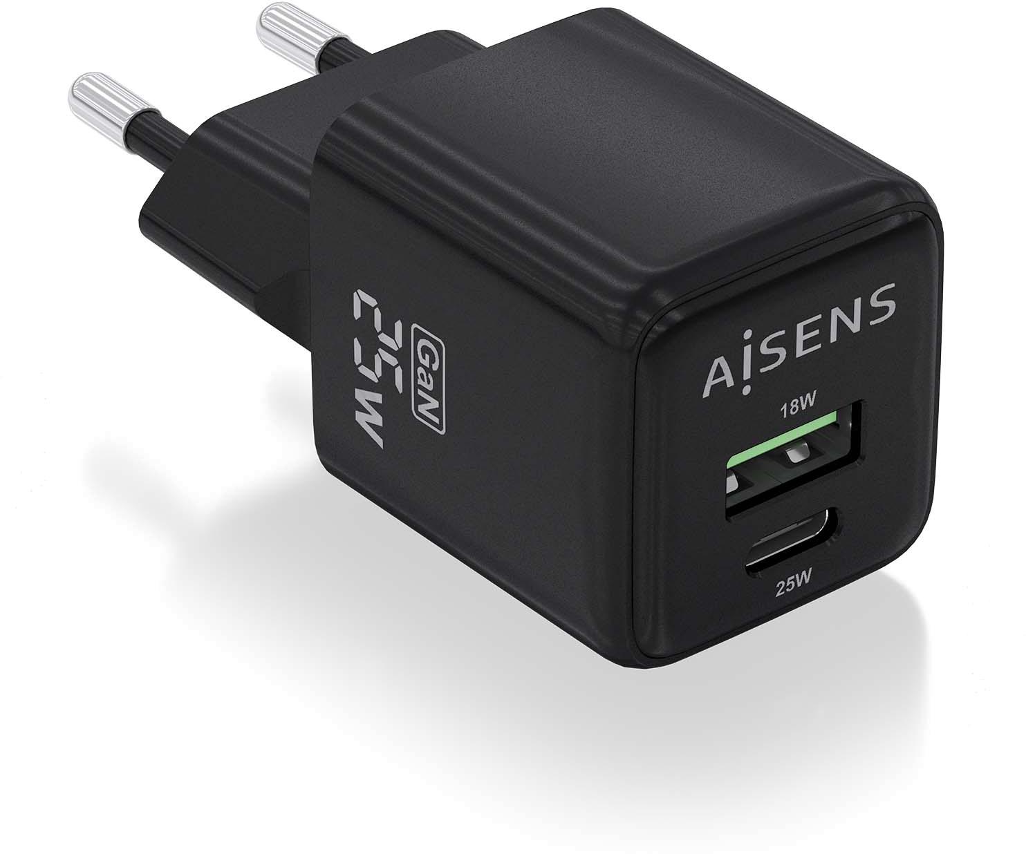 Carregador GaN 25W 1x USB - C PD3.0 QC4.0 1x USB - A QC3.0 (Preto) - AISENS