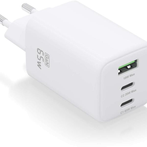 Carregador GaN 65W 2x USB - C PD3.0 QC4.0 1x USB - A QC3.0 (Branco) - AISENS