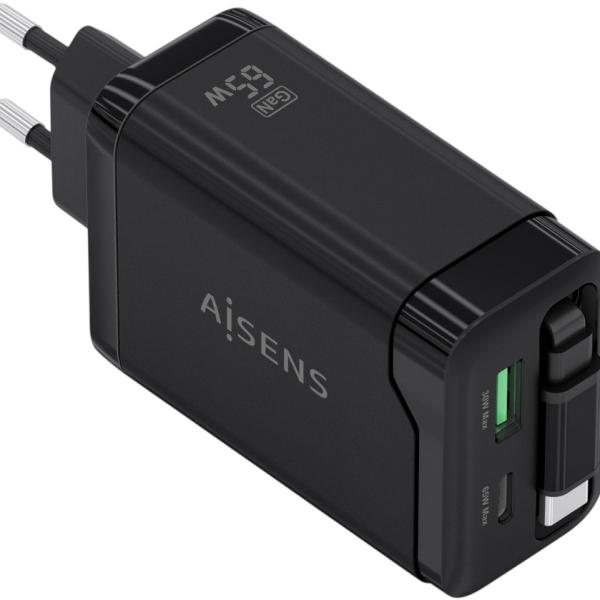Carregador GaN 45W 1x USB - C PD 3.0 + 1x USB - A QC3.0 c/ Cabo Retrátil USB - C (Preto) - AISENS