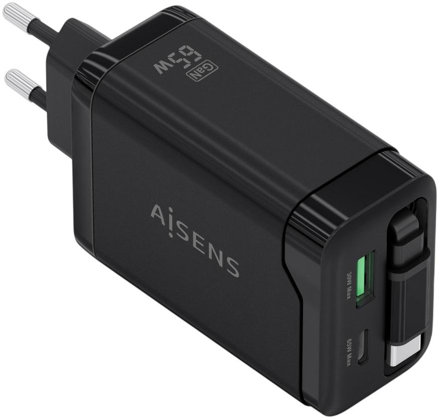 Carregador GaN 45W 1x USB - C PD 3.0 + 1x USB - A QC3.0 c/ Cabo Retrátil USB - C (Preto) - AISENS