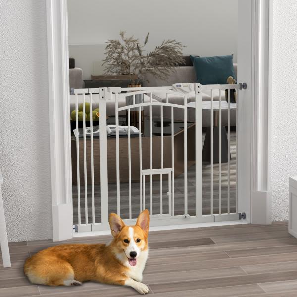 Barreira de Segurança para Cães 74 - 100 cm com Extensão Montagem a Pressão e Duplo Bloqueio para Porta Escada Branco
