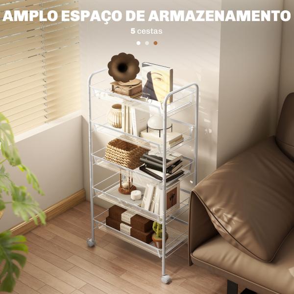 Carrinho Auxiliar com Rodas de 5 Níveis com Cestos de Malha Removíveis e Estrutura de Aço 45x26,5x106 cm Branco
