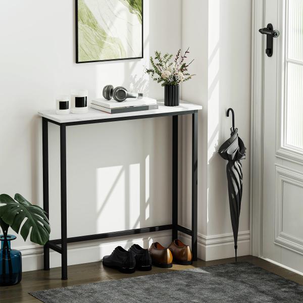 Mesa Consola Moderna Consola Estreita com Superfície com Efeito Mármore e Estrutura de Metal 75x24x76 cm Branco e Preto