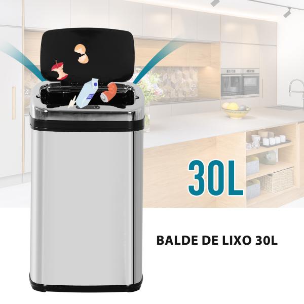 Balde de Lixo Inteligente de Aço Inoxidável 30L com Sensor Infravermelho de Abertura Automática 33x25x58 cm Prata e Preto