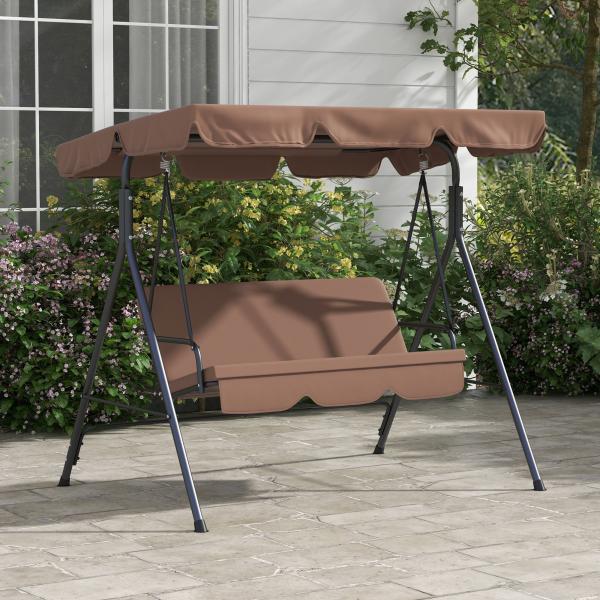 Baloiço de Jardim de 3 Lugares com Almofada Toldo Ajustável e Estrutura de Aço para Balcão Terraço 172x110x153 cm Marróm