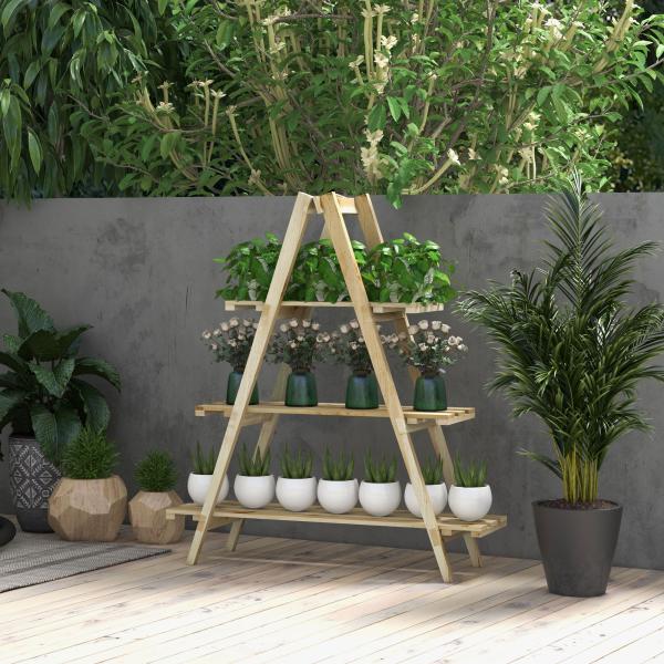 Suporte de Madeira para Plantas Dobrável de 3 Níveis com Estrutura em Forma de A para Jardim Pátio 100x36x112 cm Natural
