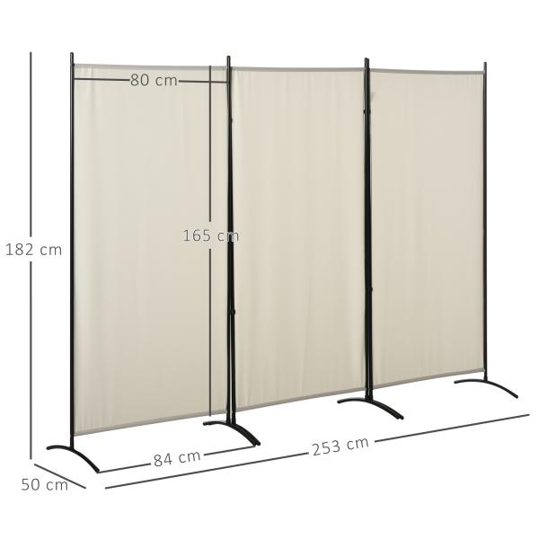 Biombo de 3 Paineis Separador de Ambientes Dobrável Biombo de Privacidade com 6 Pés de Metal 253x50x182 cm Bege