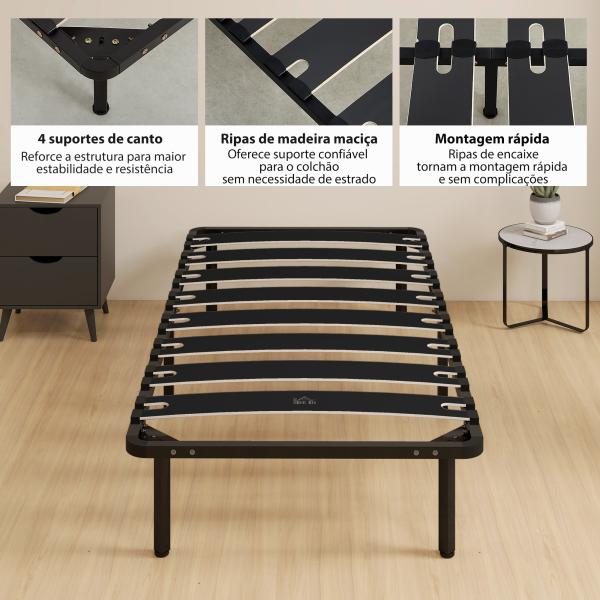 Estrutura de Cama 90x190 cm de Aço com Espaço de Armazenamento em Madeira de Álamo Capacidade 300 kg Preto