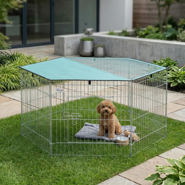 Parque para Animais de Estimação com 6 Painéis 59x60cm Dobrável Cerca para Animais de Estimação com Porta com Trava e Toldo Superior para Jardim Pátio Exterior Prata