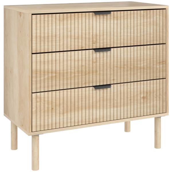 Cómoda com 3 Gavetas Cómoda Dormitório Estilo Nórdico com Painéis Ripados e Puxadores Metálicos 80x40x77,5 cm Madeira
