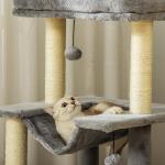 Arranhador para Gatos de 3 Níveis com Caverna Rede Plataforma Bolas Suspensas e Poste de Sisal 48x48x90 cm Cinza