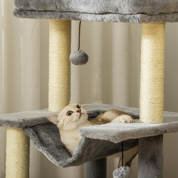 Arranhador para Gatos de 3 Níveis com Caverna Rede Plataforma Bolas Suspensas e Poste de Sisal 48x48x90 cm Cinza