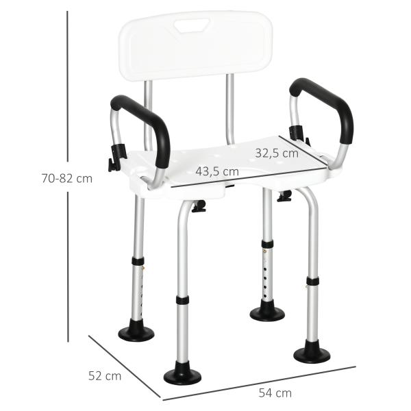 Cadeira para Duche Antiderrapante com Altura Ajustável de 6 Níveis e Apoio para os Braços Regulável 54x52x70 - 82cm Branco