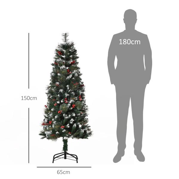 Árvore de Natal Artificial 150cm Ignífugo com 360 Ramos 38 Bagas Folhas de PVC Base Dobrável e Suporte Metálico Verde
